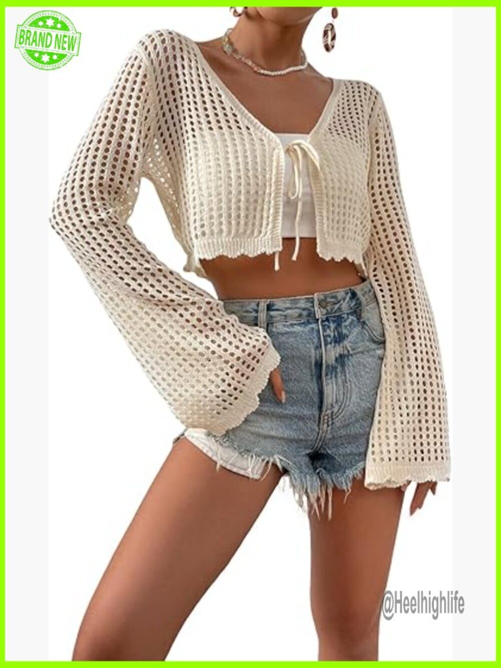 Crochet Cardigan Tie Front Top Bell Sleeve Lightweight Cover Up